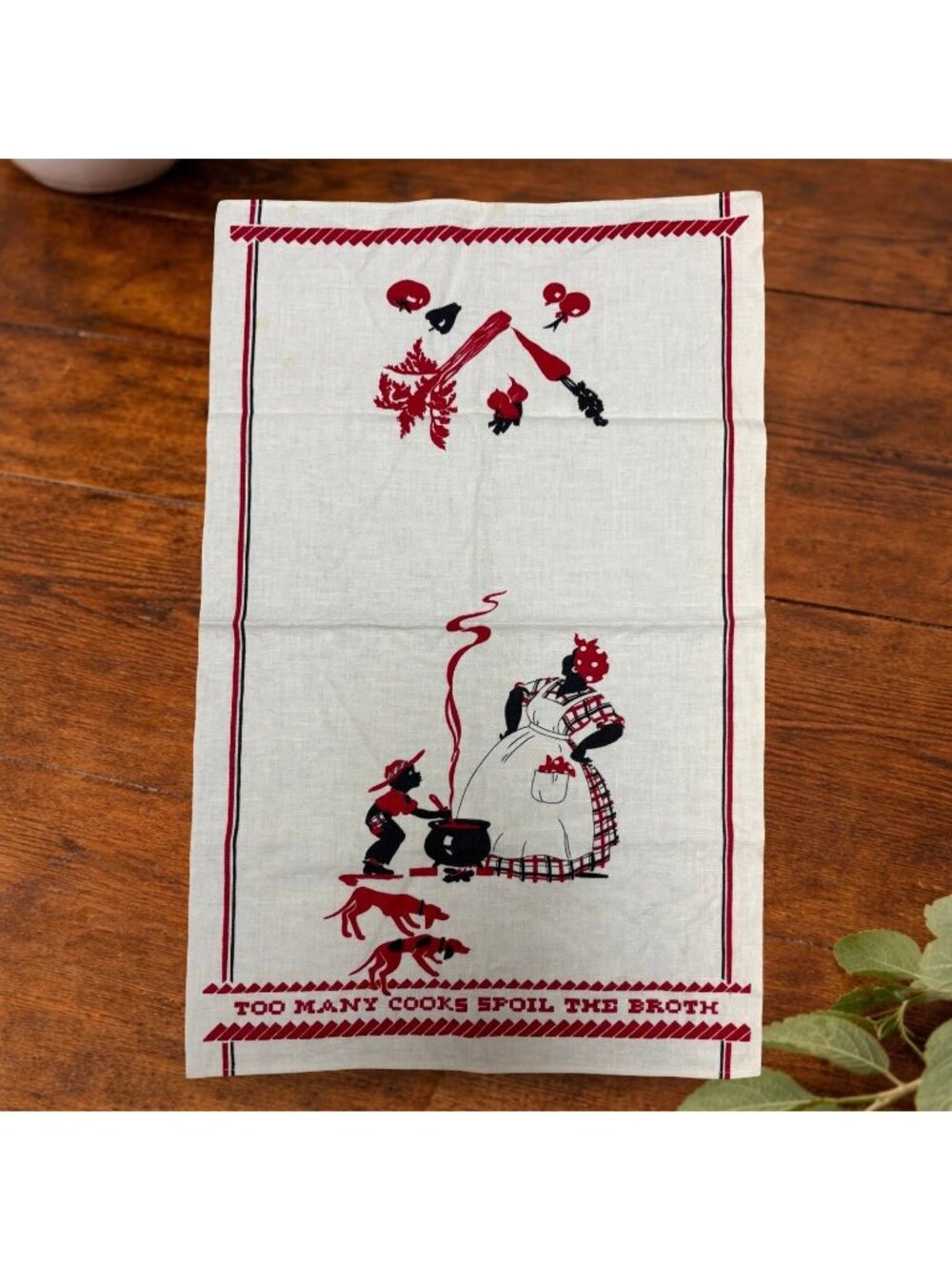 Vintage Americana Kitchen Towel by Martex, Part Linen, "Too Many Cooks Spoil the